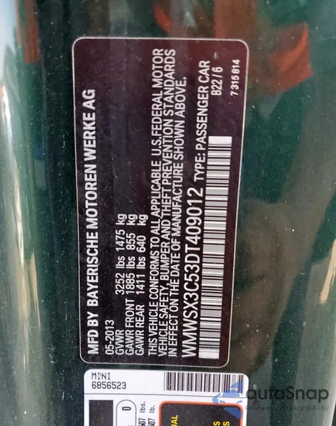 2013 Mini Cooper Coupe S из США, поврежденный, VIN WMWSX3C53DT409012